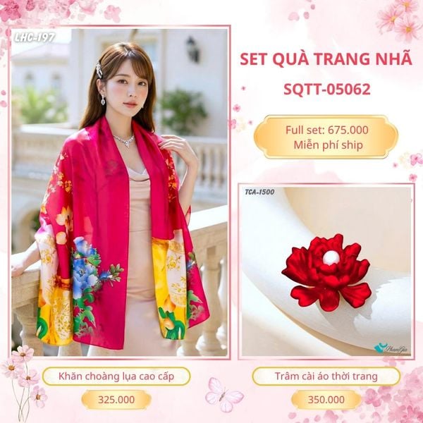 Set Quà Tặng Khăn Choàng Lụa 90*180cm Và Trâm Cài Áo Trang Nhã (SQTT05062)