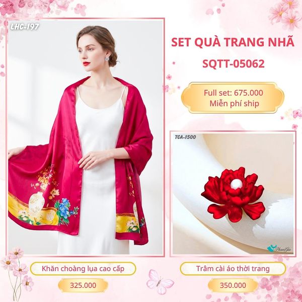 Set Quà Tặng Khăn Choàng Lụa 90*180cm Và Trâm Cài Áo Trang Nhã (SQTT05062)