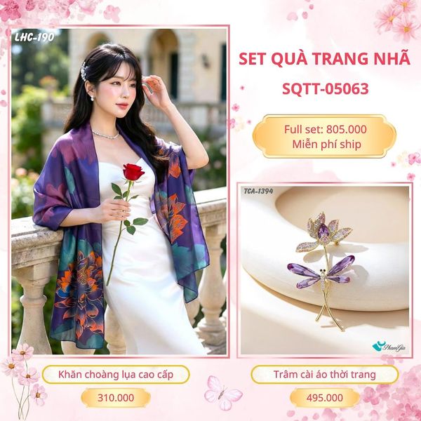 Set Quà Tặng Khăn Choàng Lụa 90*180cm Và Trâm Cài Áo Trang Nhã (SQTT05063)
