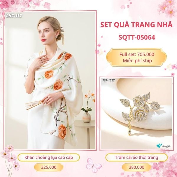Set Quà Tặng Khăn Choàng Lụa 90*180cm Và Trâm Cài Áo Trang Nhã (SQTT05064)