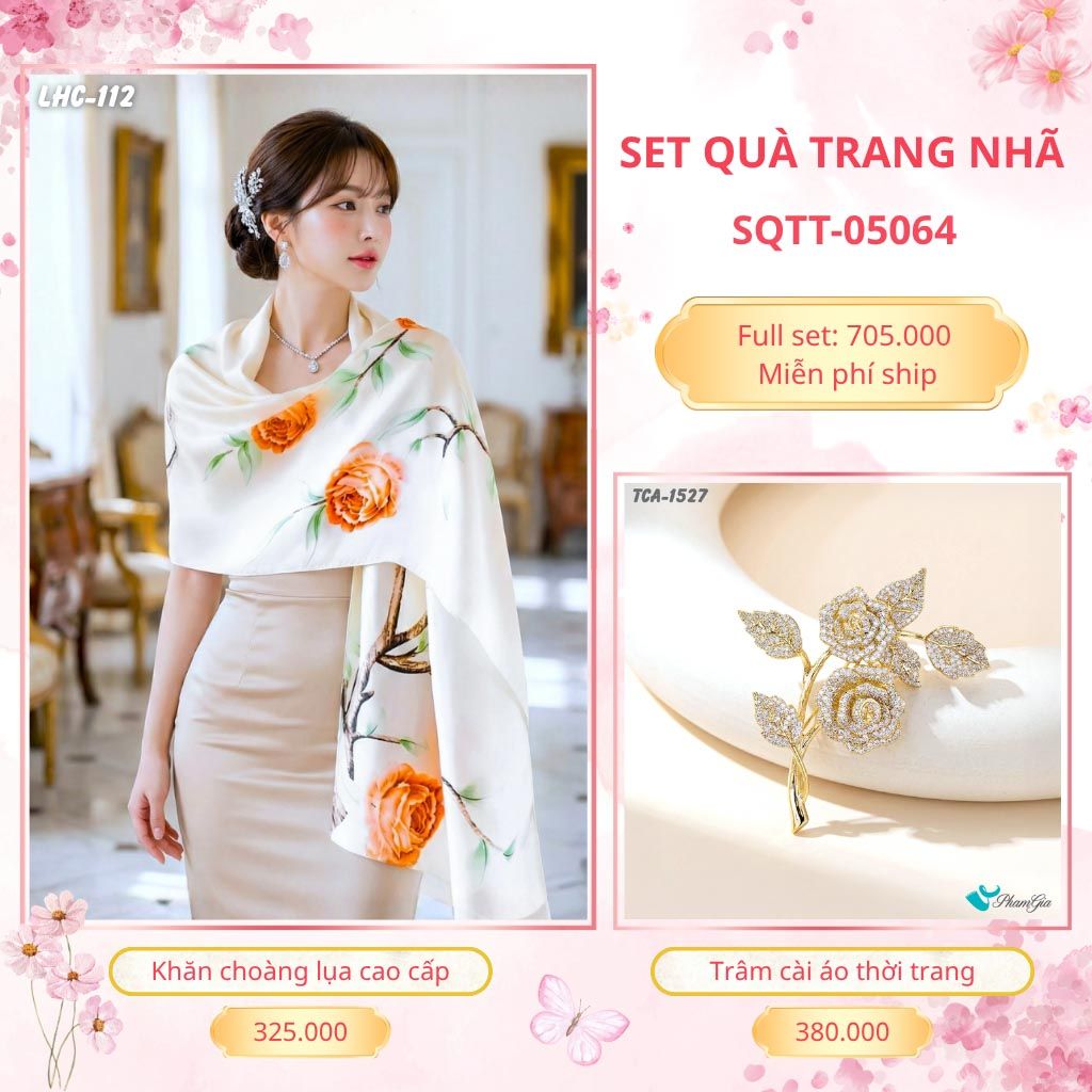 Set Quà Tặng Khăn Choàng Lụa 90*180cm Và Trâm Cài Áo Trang Nhã (SQTT05064)