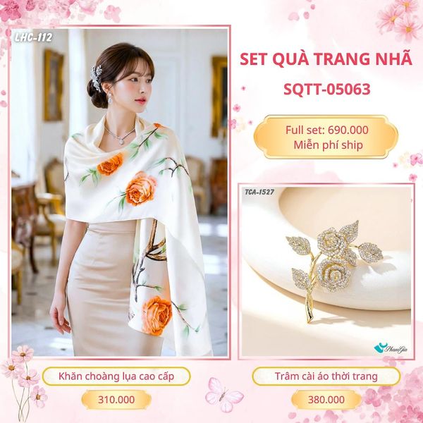 Set Quà Tặng Khăn Choàng Lụa 90*180cm Và Trâm Cài Áo Trang Nhã (SQTT05064)