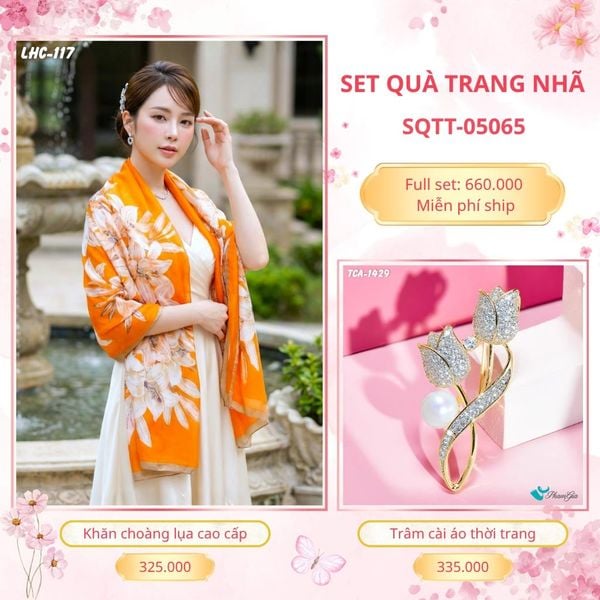 Set Quà Tặng Khăn Choàng Lụa 90*180cm Và Trâm Cài Áo Trang Nhã (SQTT05065)