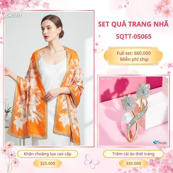 Set Quà Tặng Khăn Choàng Lụa 90*180cm Và Trâm Cài Áo Trang Nhã (SQTT05065)