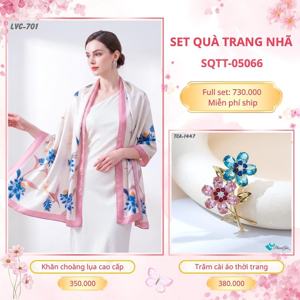 Set Quà Tặng Khăn Choàng Lụa 90*180cm Và Trâm Cài Áo Trang Nhã (SQTT05066)