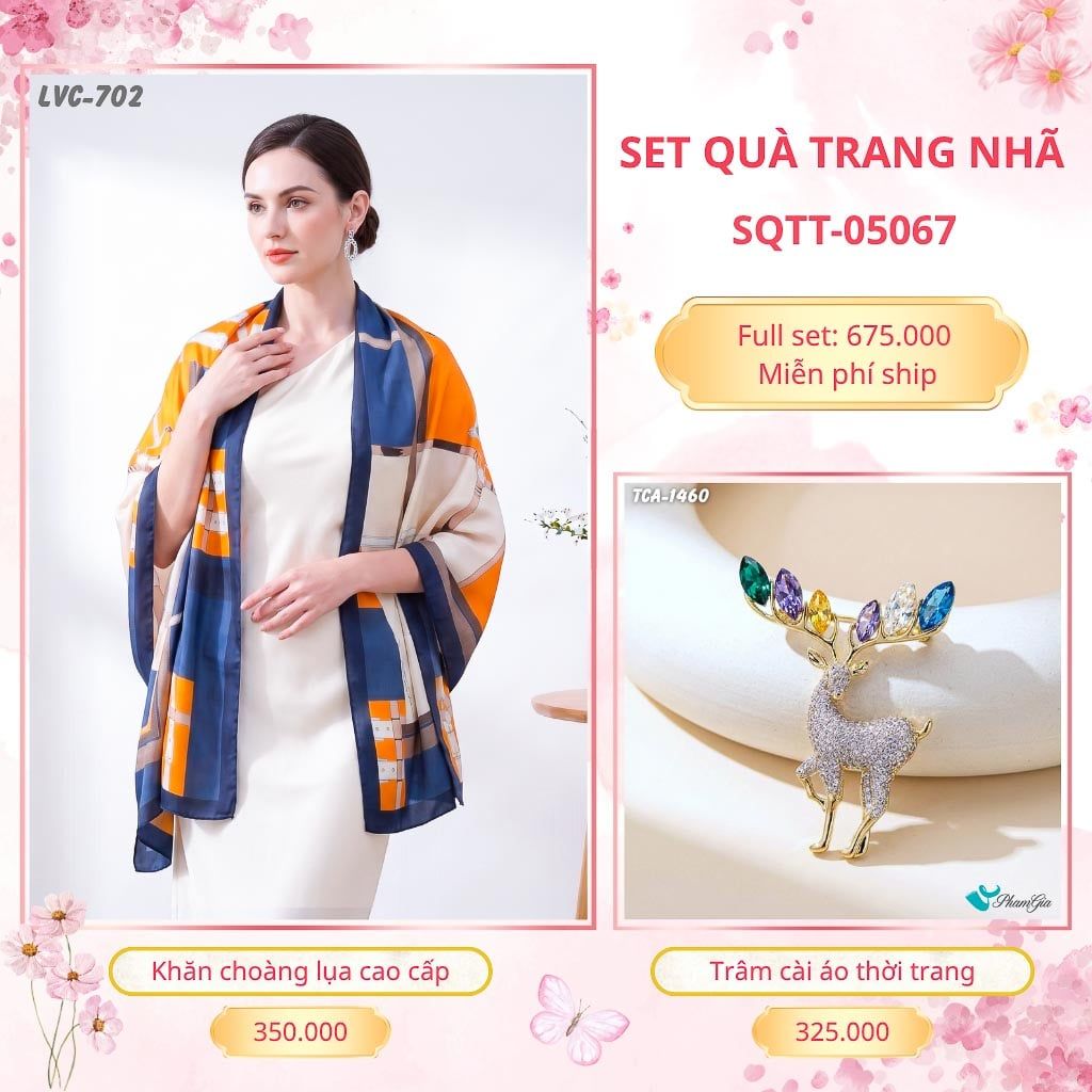 Set Quà Tặng Khăn Choàng Lụa 90*180cm Và Trâm Cài Áo Trang Nhã (SQTT05067)
