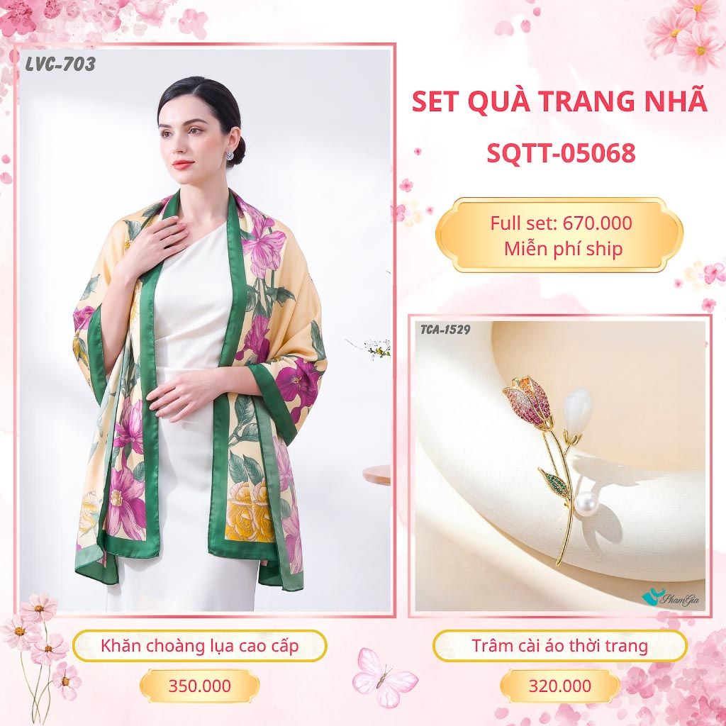 Set Quà Tặng Khăn Choàng Lụa 90*180cm Và Trâm Cài Áo Trang Nhã (SQTT05068)