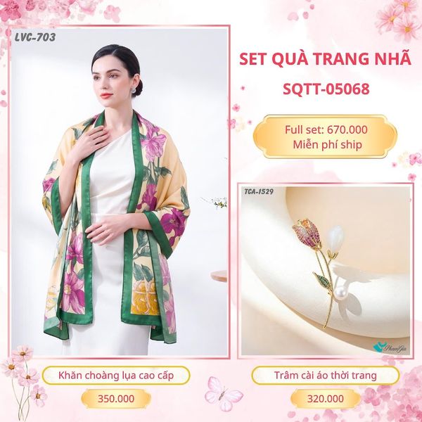Set Quà Tặng Khăn Choàng Lụa 90*180cm Và Trâm Cài Áo Trang Nhã (SQTT05068)