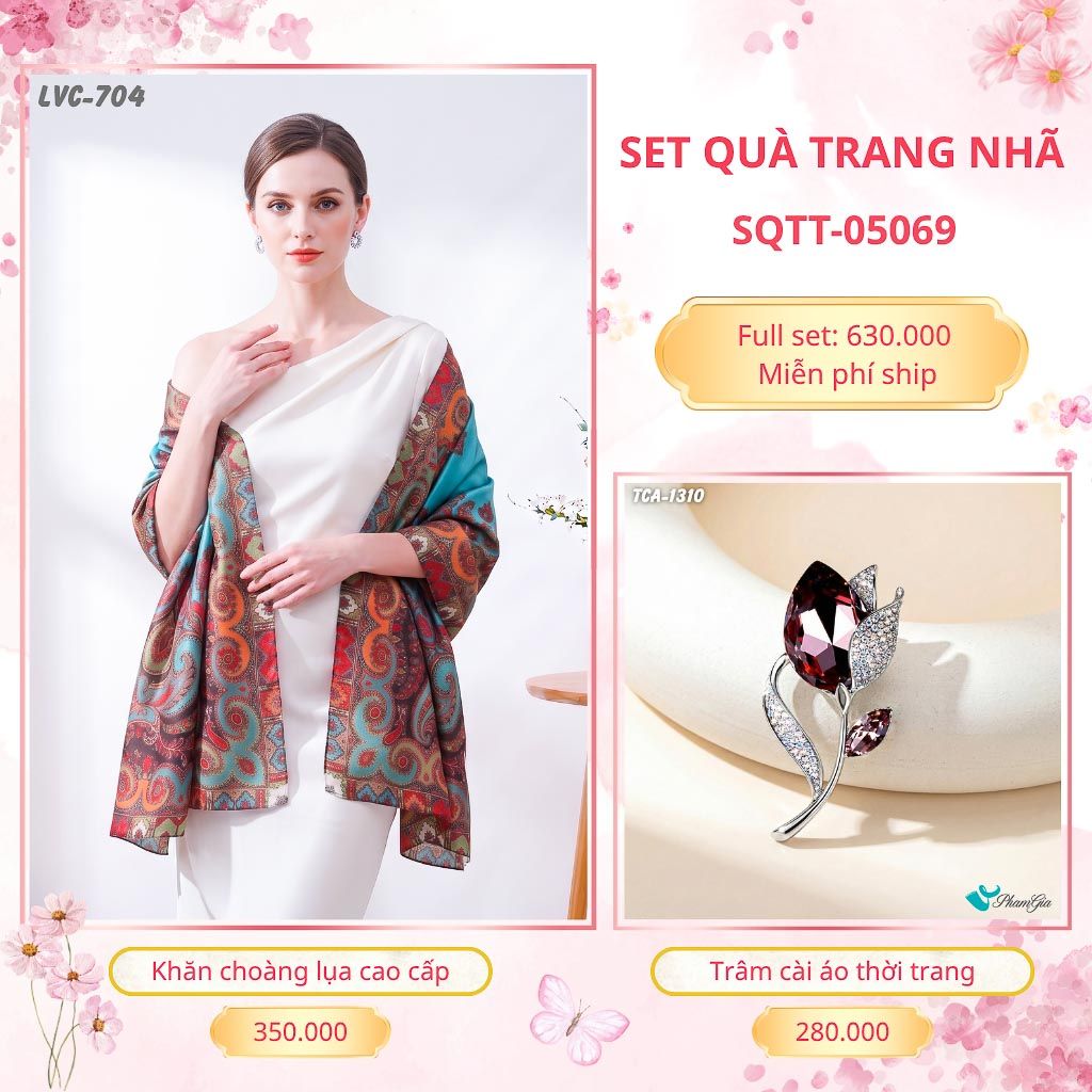 Set Quà Tặng Khăn Choàng Lụa 90*180cm Và Trâm Cài Áo Trang Nhã (SQTT05069)