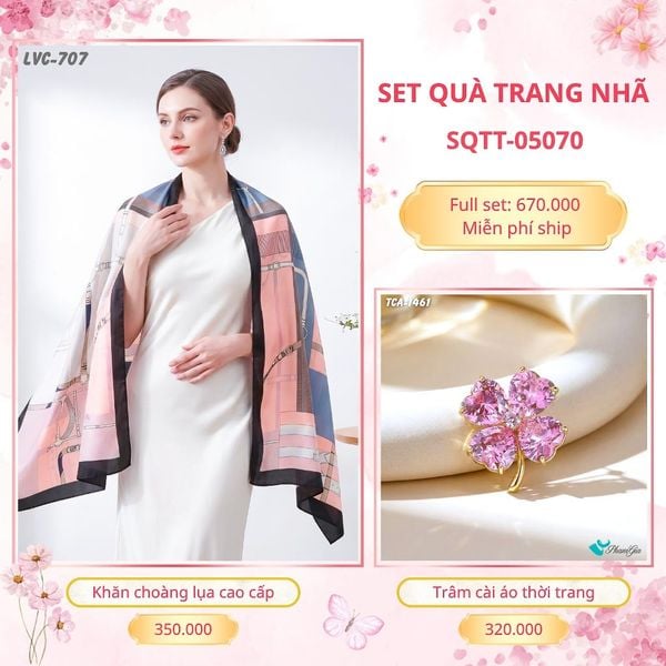 Set Quà Tặng Khăn Choàng Lụa 90*180cm Và Trâm Cài Áo Trang Nhã (SQTT05070)