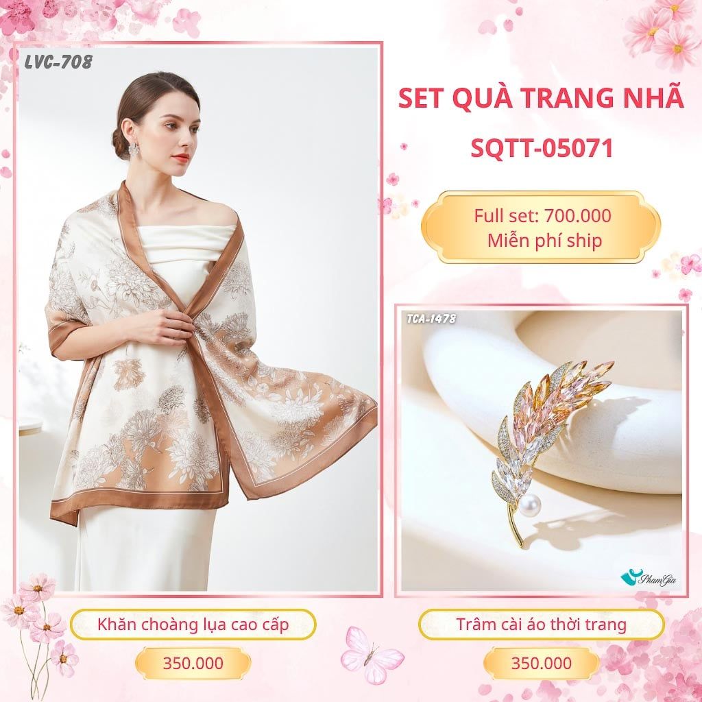 Set Quà Tặng Khăn Choàng Lụa 90*180cm Và Trâm Cài Áo Trang Nhã (SQTT05071)