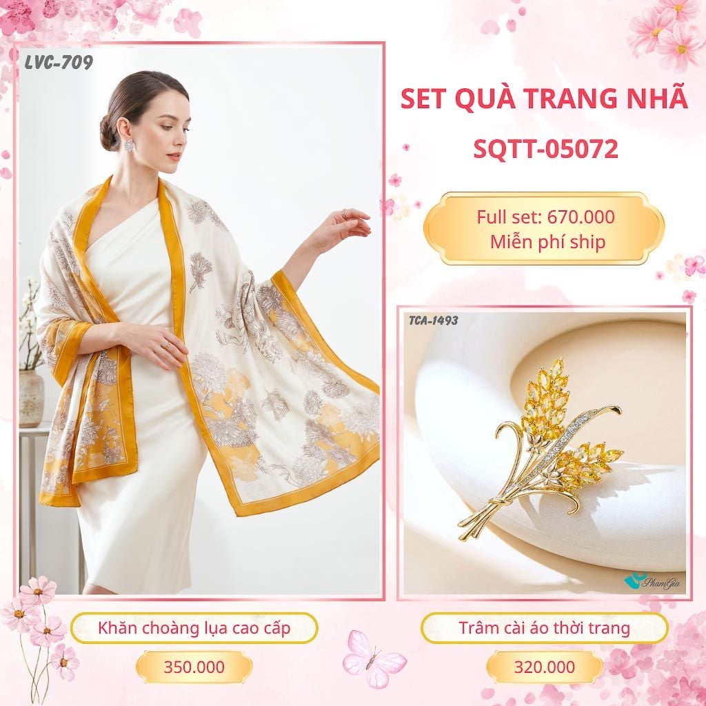 Set Quà Tặng Khăn Choàng Lụa 90*180cm Và Trâm Cài Áo Trang Nhã (SQTT05072)