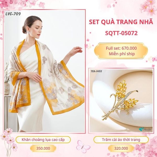 Set Quà Tặng Khăn Choàng Lụa 90*180cm Và Trâm Cài Áo Trang Nhã (SQTT05072)