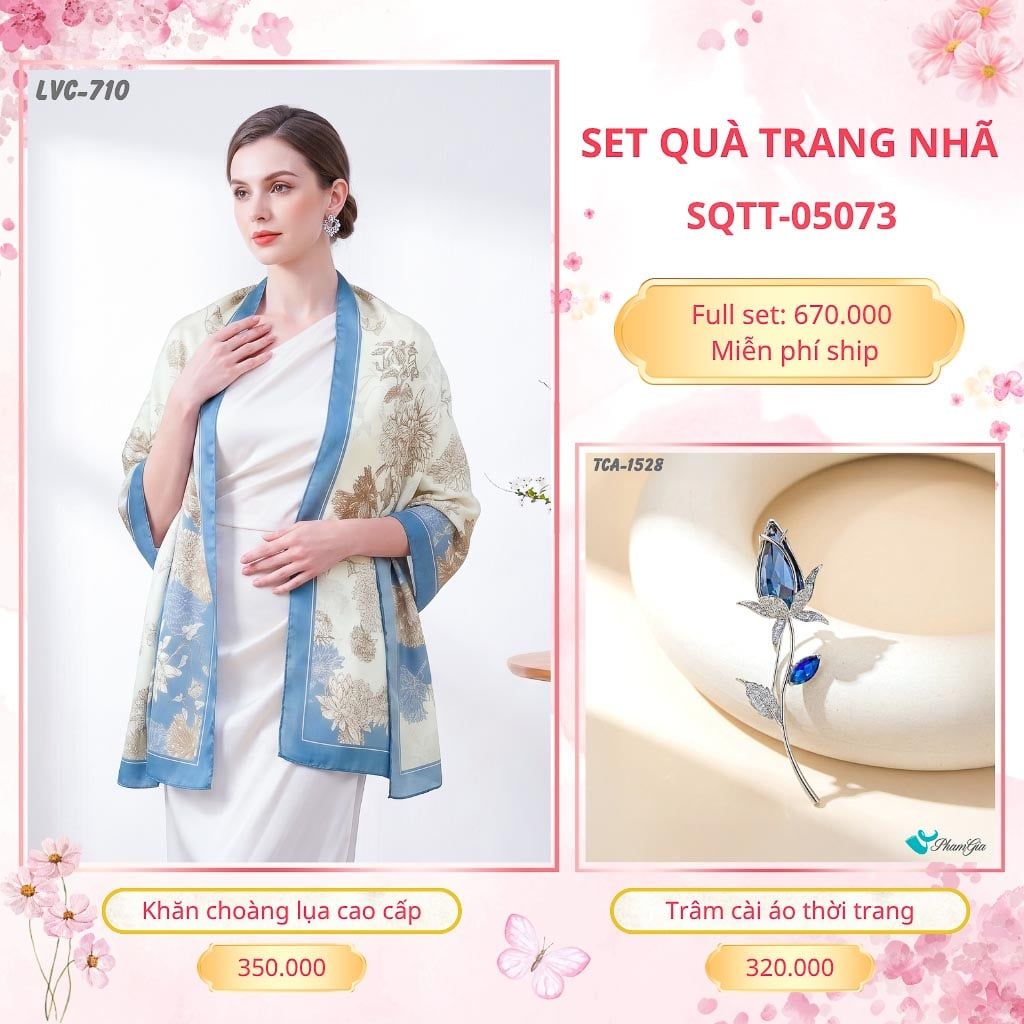 Set Quà Tặng Khăn Choàng Lụa 90*180cm Và Trâm Cài Áo Trang Nhã (SQTT05073)