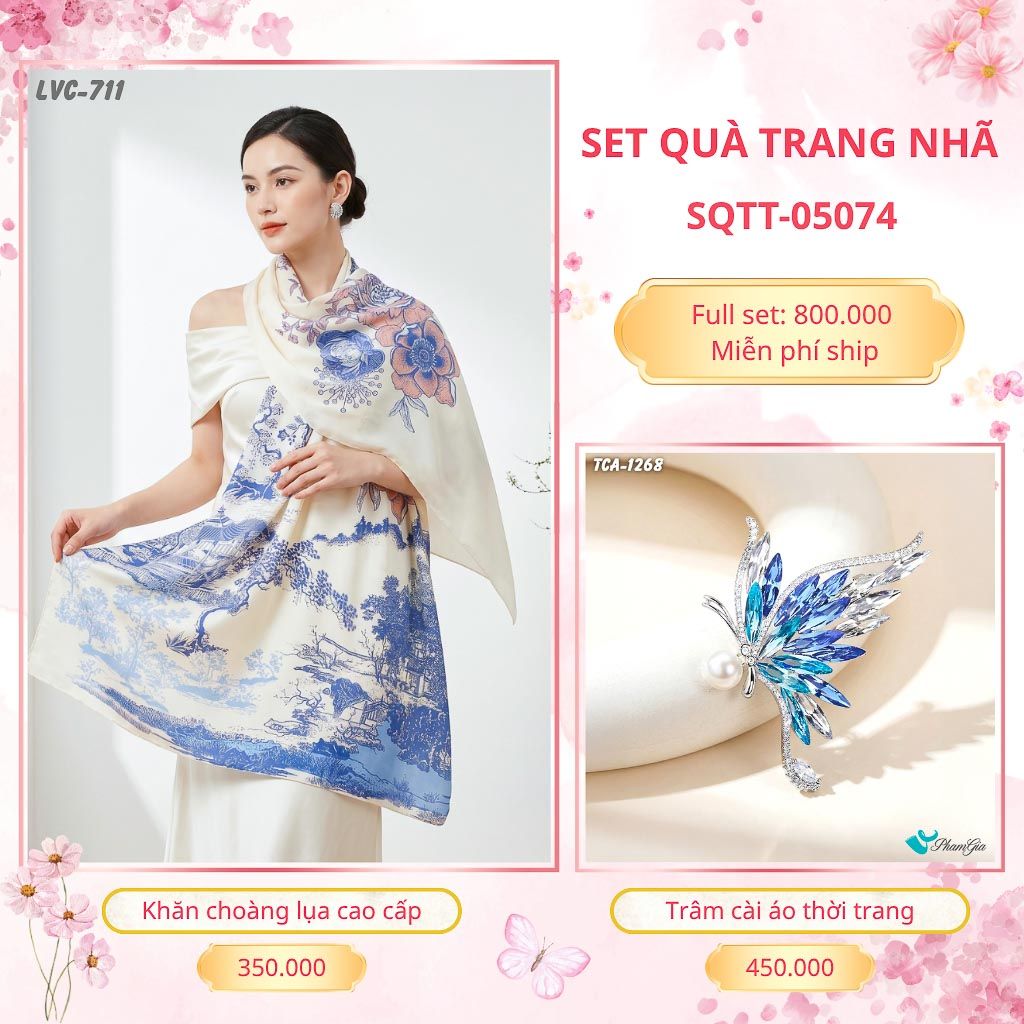 Set Quà Tặng Khăn Choàng Lụa 90*180cm Và Trâm Cài Áo Trang Nhã (SQTT05074)