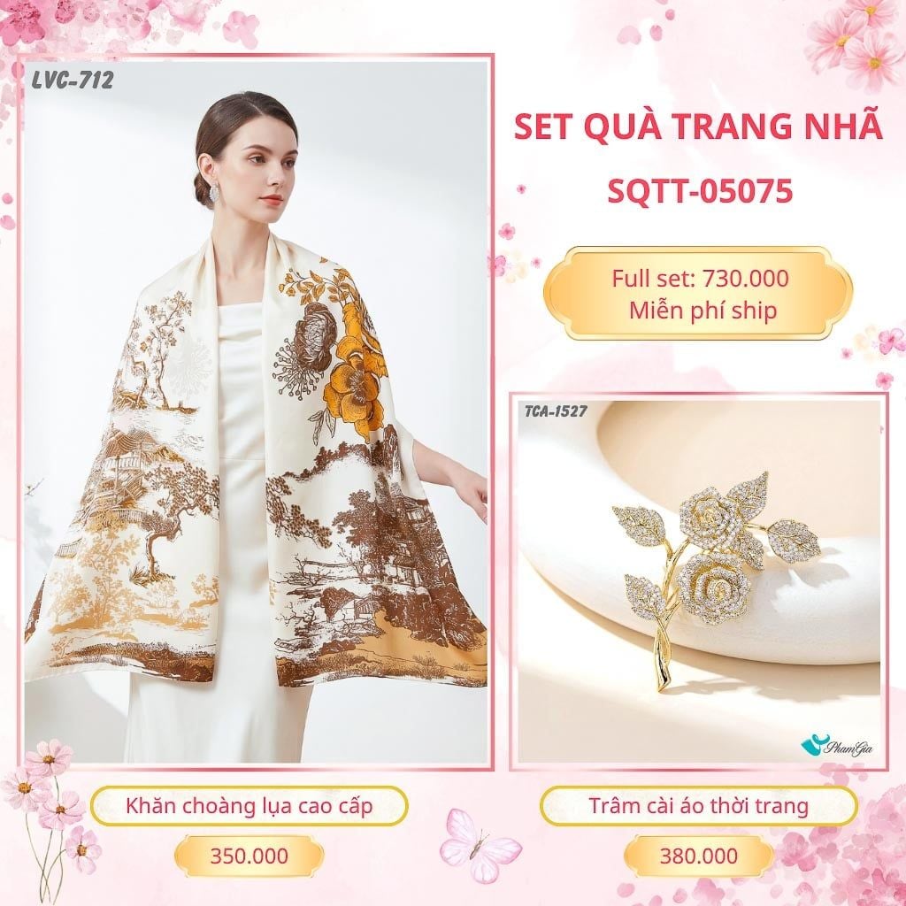 Set Quà Tặng Khăn Choàng Lụa 90*180cm Và Trâm Cài Áo Trang Nhã (SQTT05075)