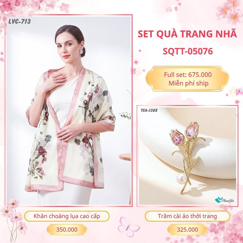 Set Quà Tặng Khăn Choàng Lụa 90*180cm Và Trâm Cài Áo Trang Nhã (SQTT05076)