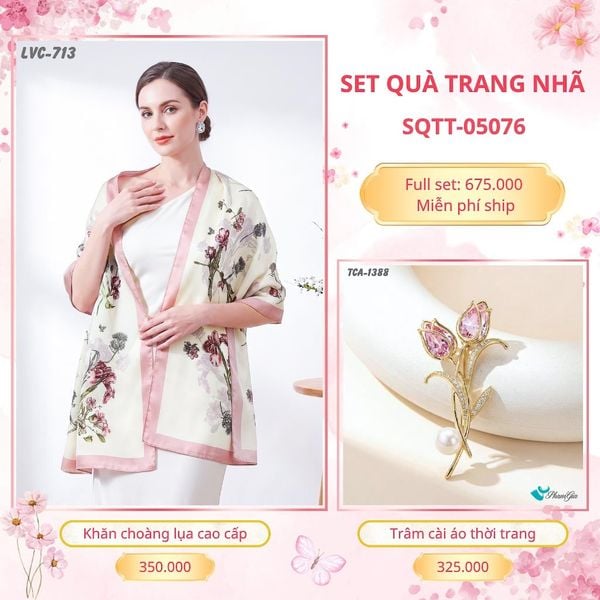 Set Quà Tặng Khăn Choàng Lụa 90*180cm Và Trâm Cài Áo Trang Nhã (SQTT05076)