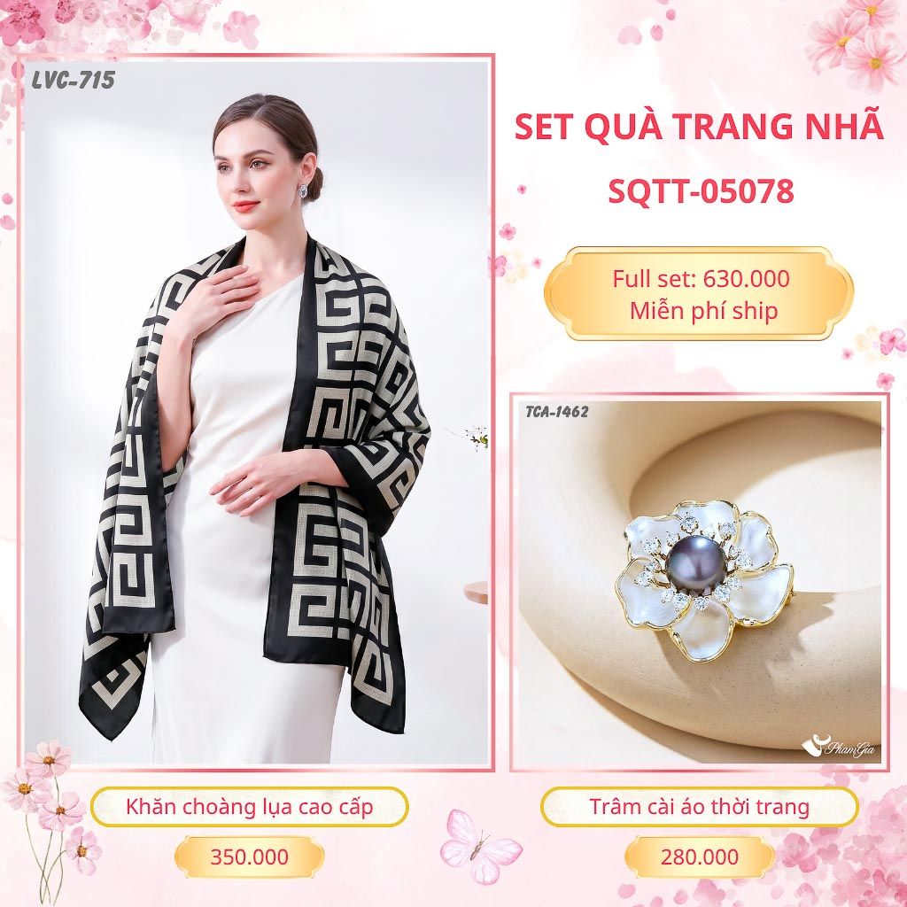 Set Quà Tặng Khăn Choàng Lụa 90*180cm Và Trâm Cài Áo Trang Nhã (SQTT05078)