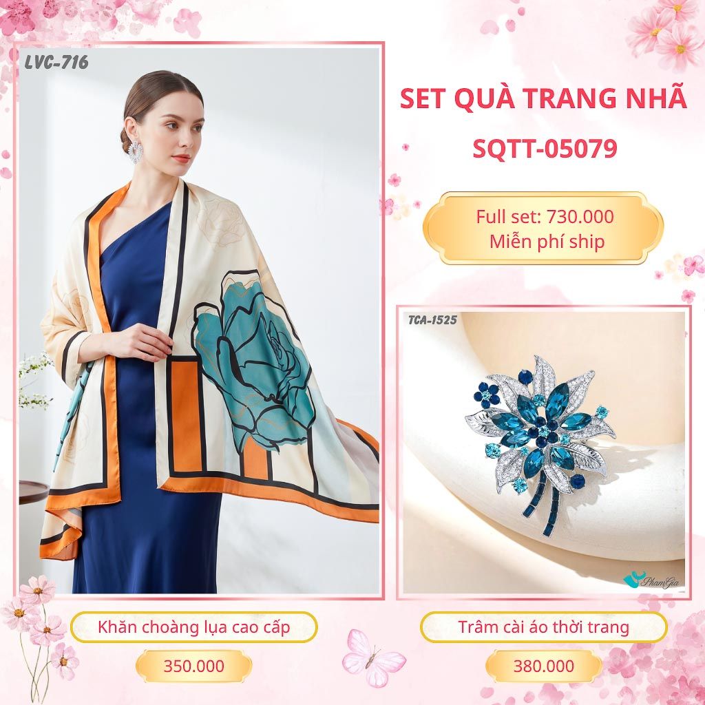 Set Quà Tặng Khăn Choàng Lụa 90*180cm Và Trâm Cài Áo Trang Nhã (SQTT05079)