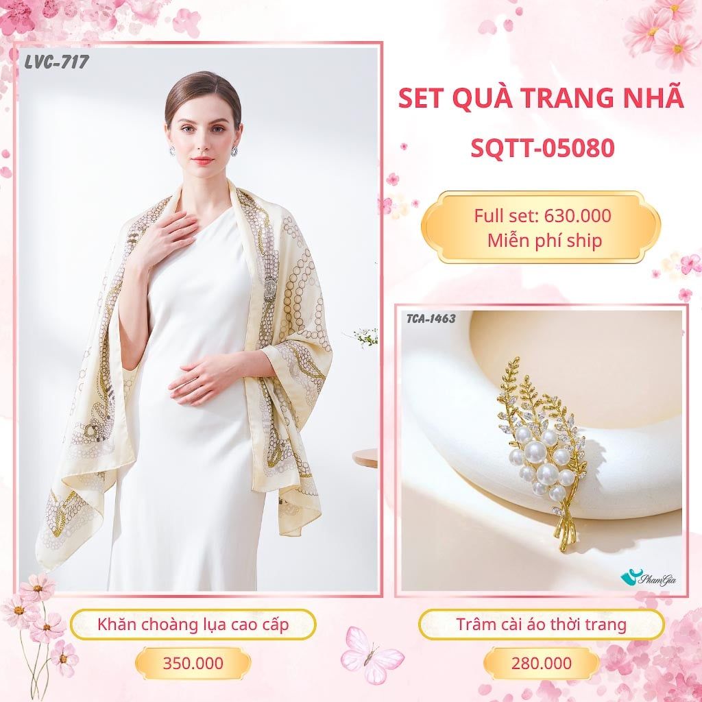 Set Quà Tặng Khăn Choàng Lụa 90*180cm Và Trâm Cài Áo Trang Nhã (SQTT05080)