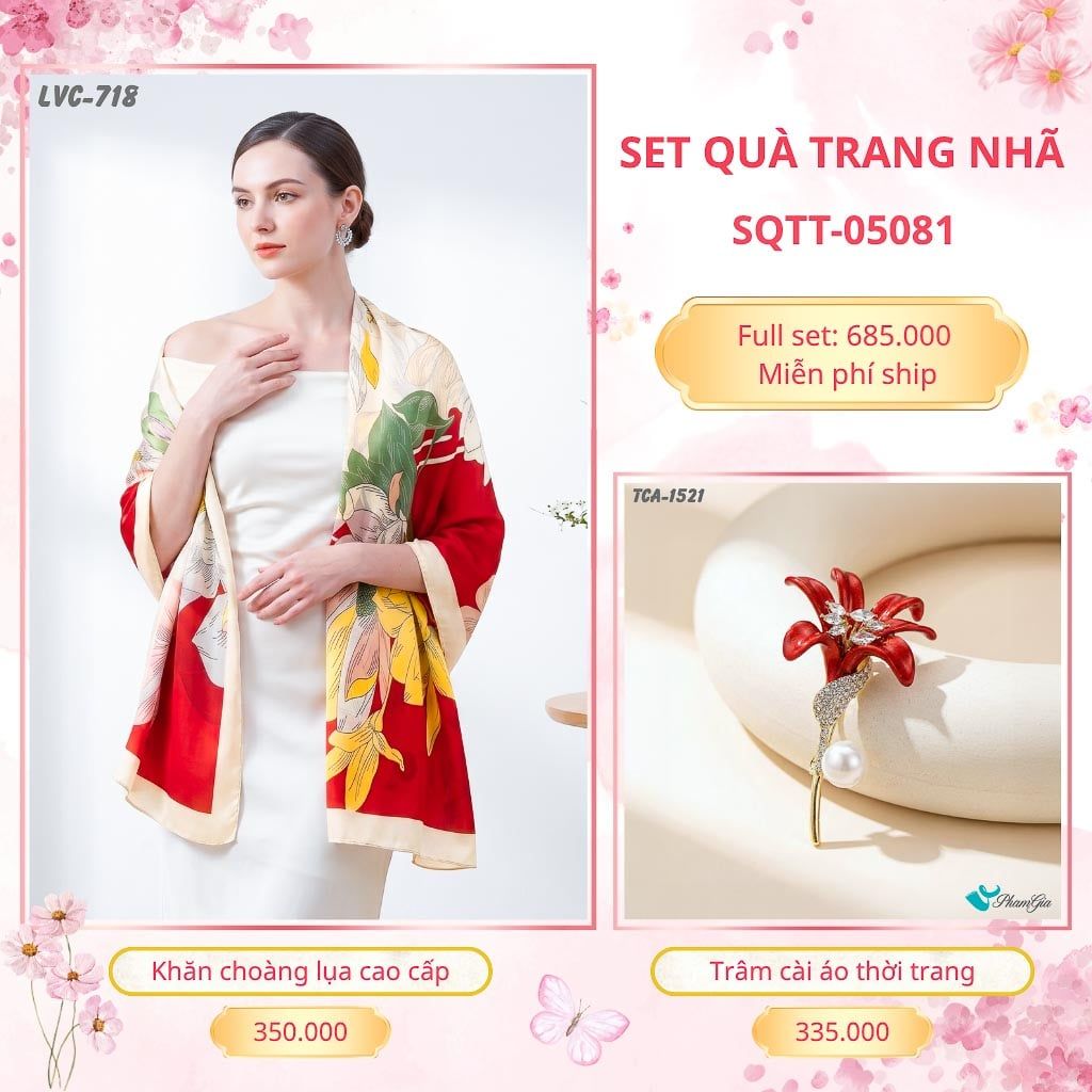 Set Quà Tặng Khăn Choàng Lụa 90*180cm Và Trâm Cài Áo Trang Nhã (SQTT05081)