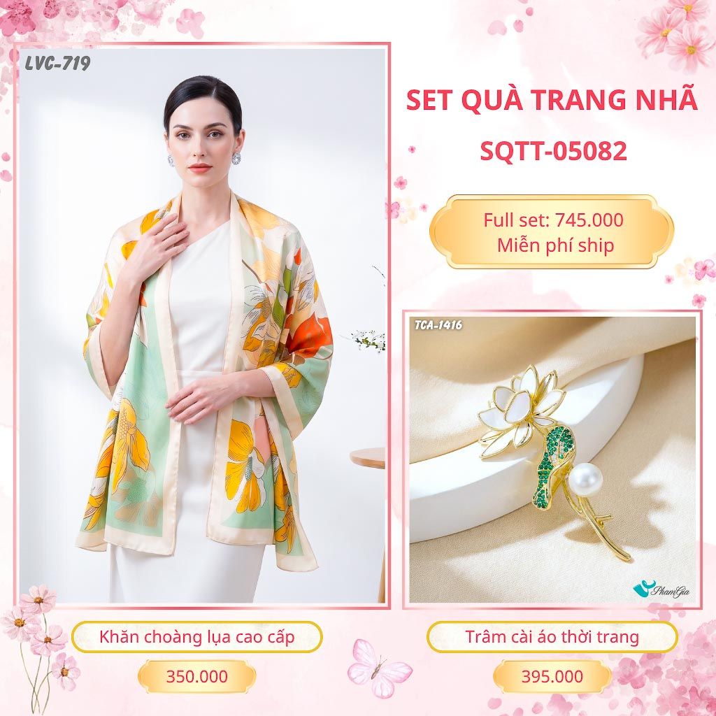 Set Quà Tặng Khăn Choàng Lụa 90*180cm Và Trâm Cài Áo Trang Nhã (SQTT05082)