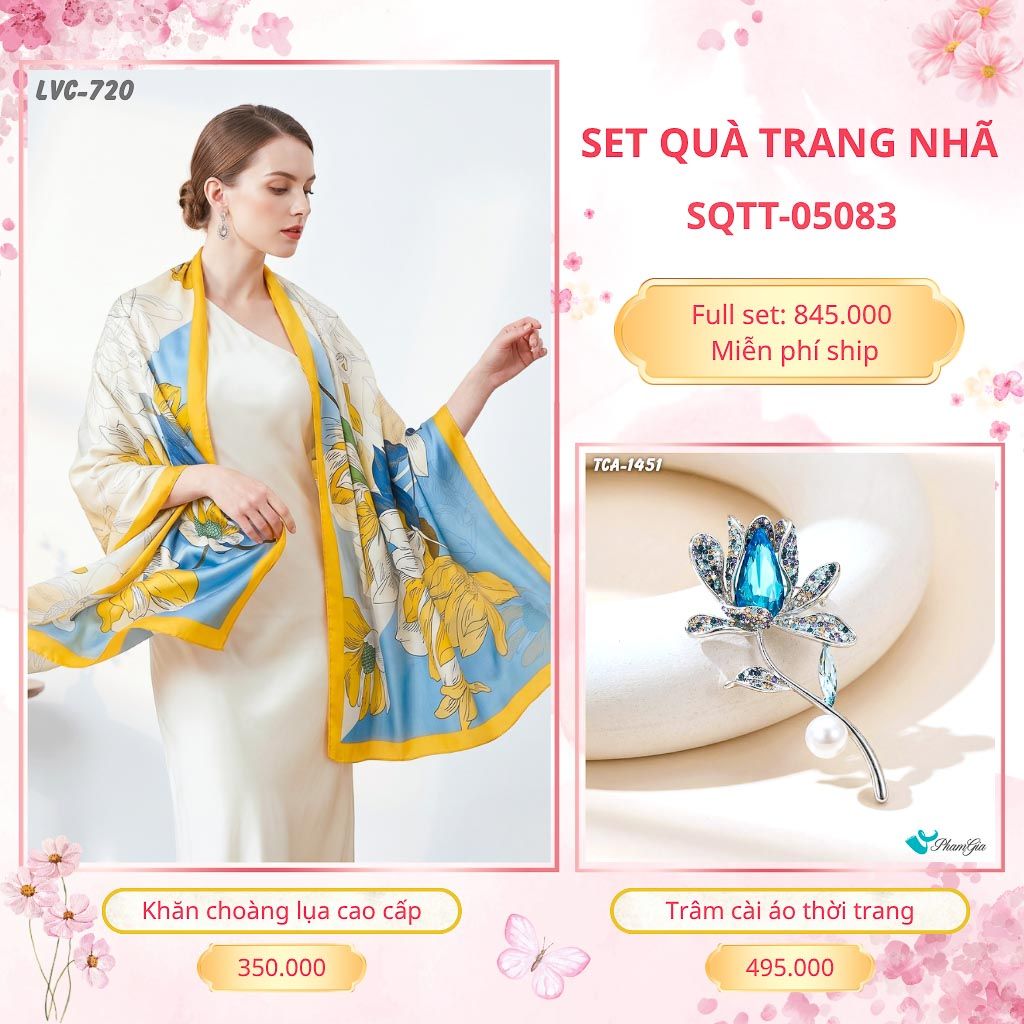 Set Quà Tặng Khăn Choàng Lụa 90*180cm Và Trâm Cài Áo Trang Nhã (SQTT05083)