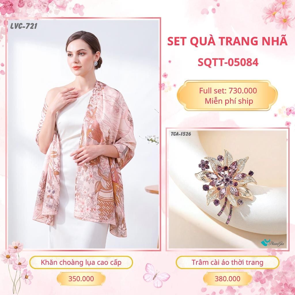 Set Quà Tặng Khăn Choàng Lụa 90*180cm Và Trâm Cài Áo Trang Nhã (SQTT05084)