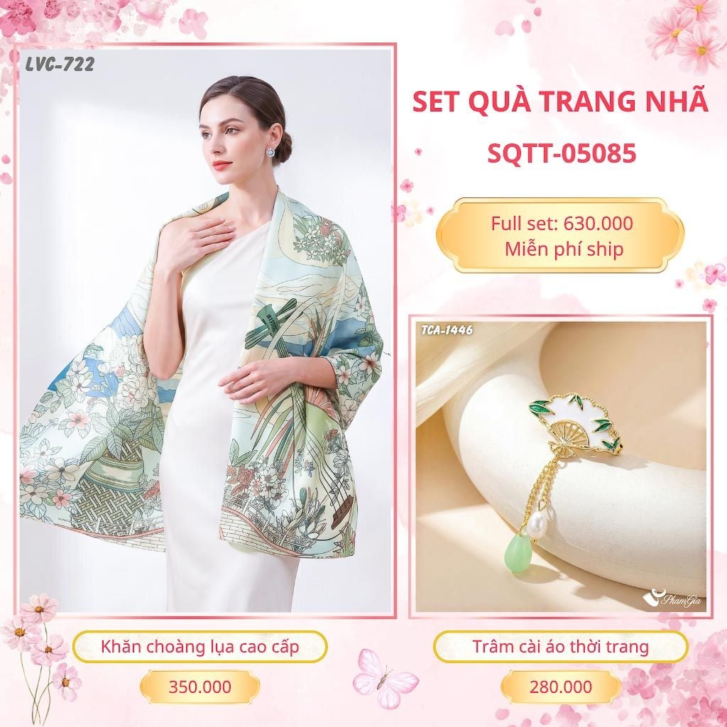Set Quà Tặng Khăn Choàng Lụa 90*180cm Và Trâm Cài Áo Trang Nhã (SQTT05085)