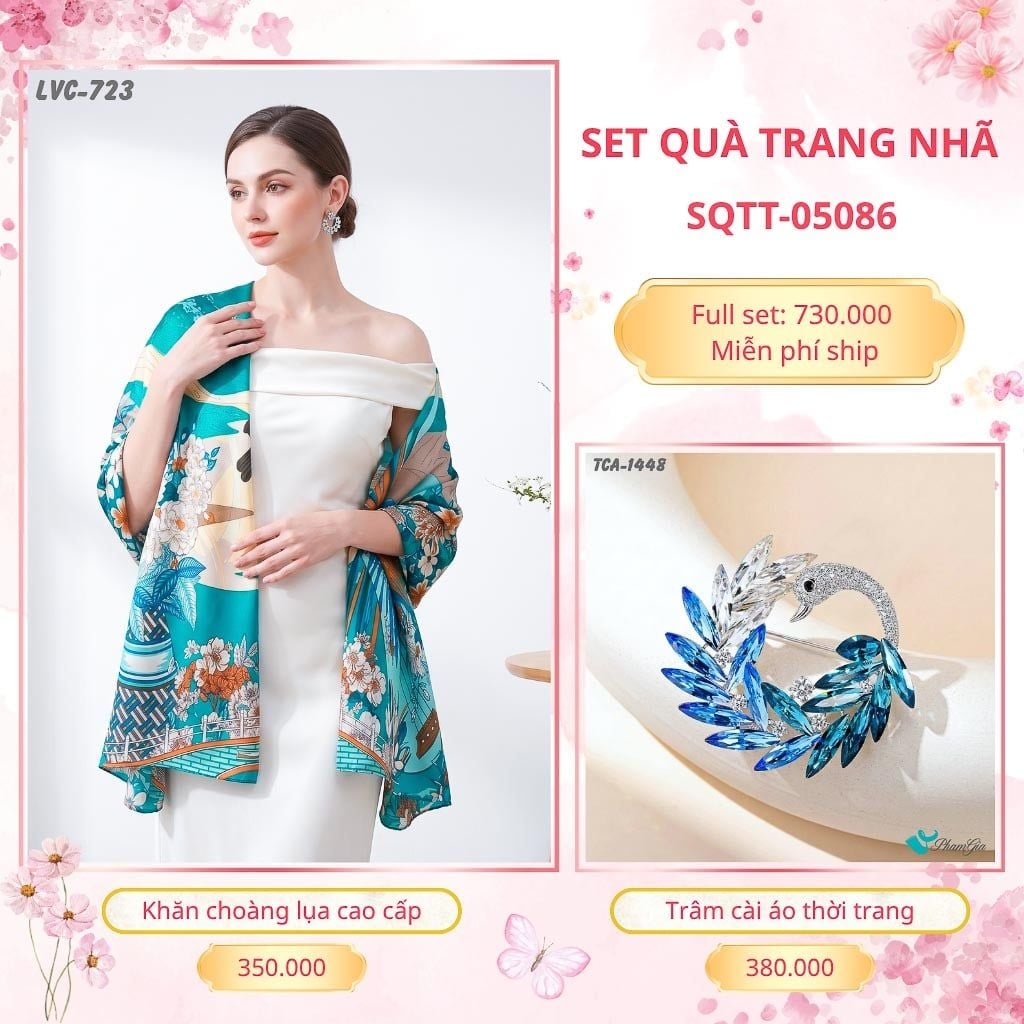 Set Quà Tặng Khăn Choàng Lụa 90*180cm Và Trâm Cài Áo Trang Nhã (SQTT05086)