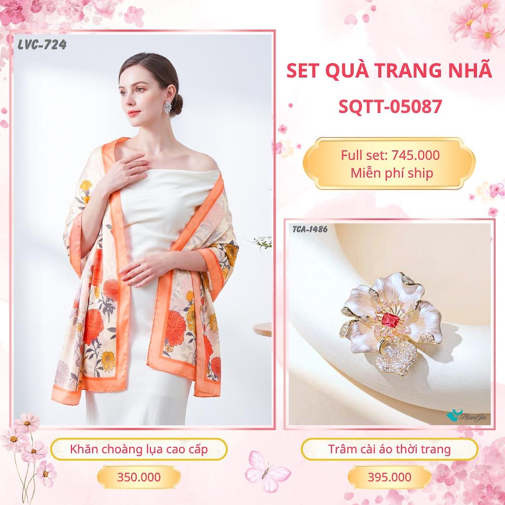 Set Quà Tặng Khăn Choàng Lụa 90*180cm Và Trâm Cài Áo Trang Nhã (SQTT05087)