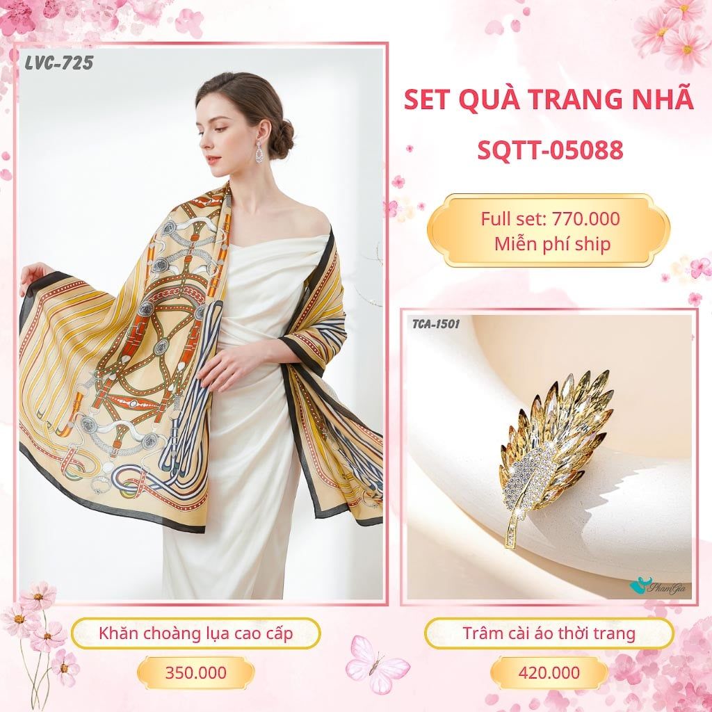 Set Quà Tặng Khăn Choàng Lụa 90*180cm Và Trâm Cài Áo Trang Nhã (SQTT05088)
