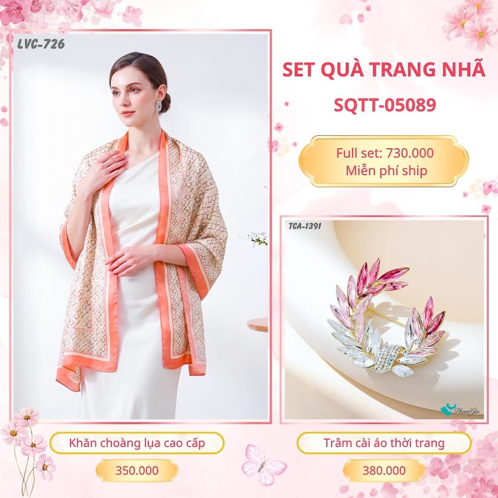 Set Quà Tặng Khăn Choàng Lụa 90*180cm Và Trâm Cài Áo Trang Nhã (SQTT05089)