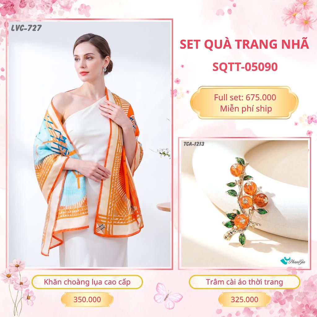 Set Quà Tặng Khăn Choàng Lụa 90*180cm Và Trâm Cài Áo Trang Nhã (SQTT05090)