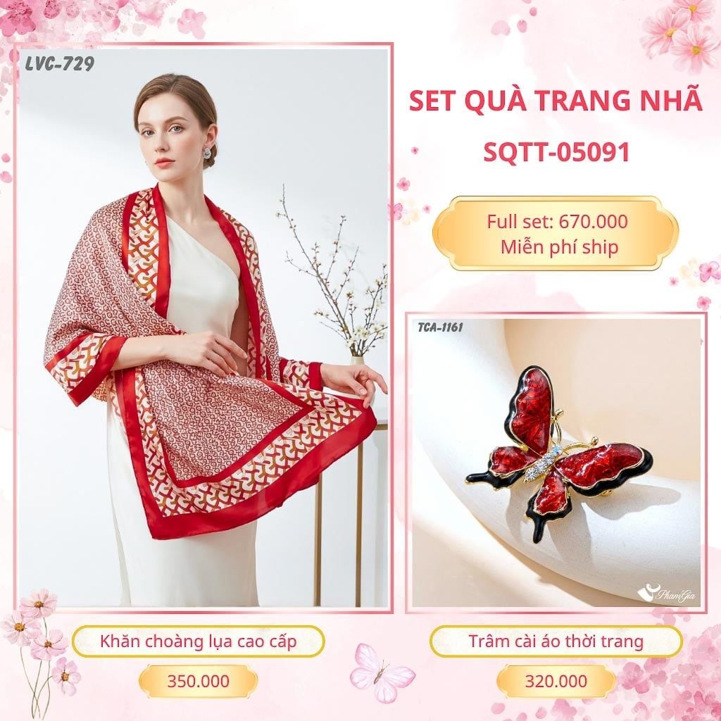 Set Quà Tặng Khăn Choàng Lụa 90*180cm Và Trâm Cài Áo Trang Nhã (SQTT05091)