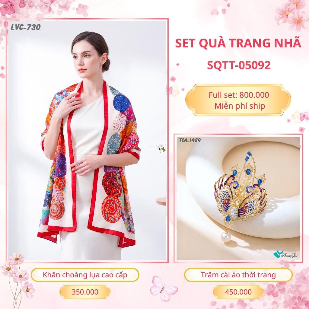 Set Quà Tặng Khăn Choàng Lụa 90*180cm Và Trâm Cài Áo Trang Nhã (SQTT05092)