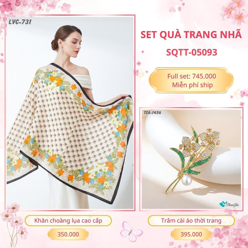 Set Quà Tặng Khăn Choàng Lụa 90*180cm Và Trâm Cài Áo Trang Nhã (SQTT05093)
