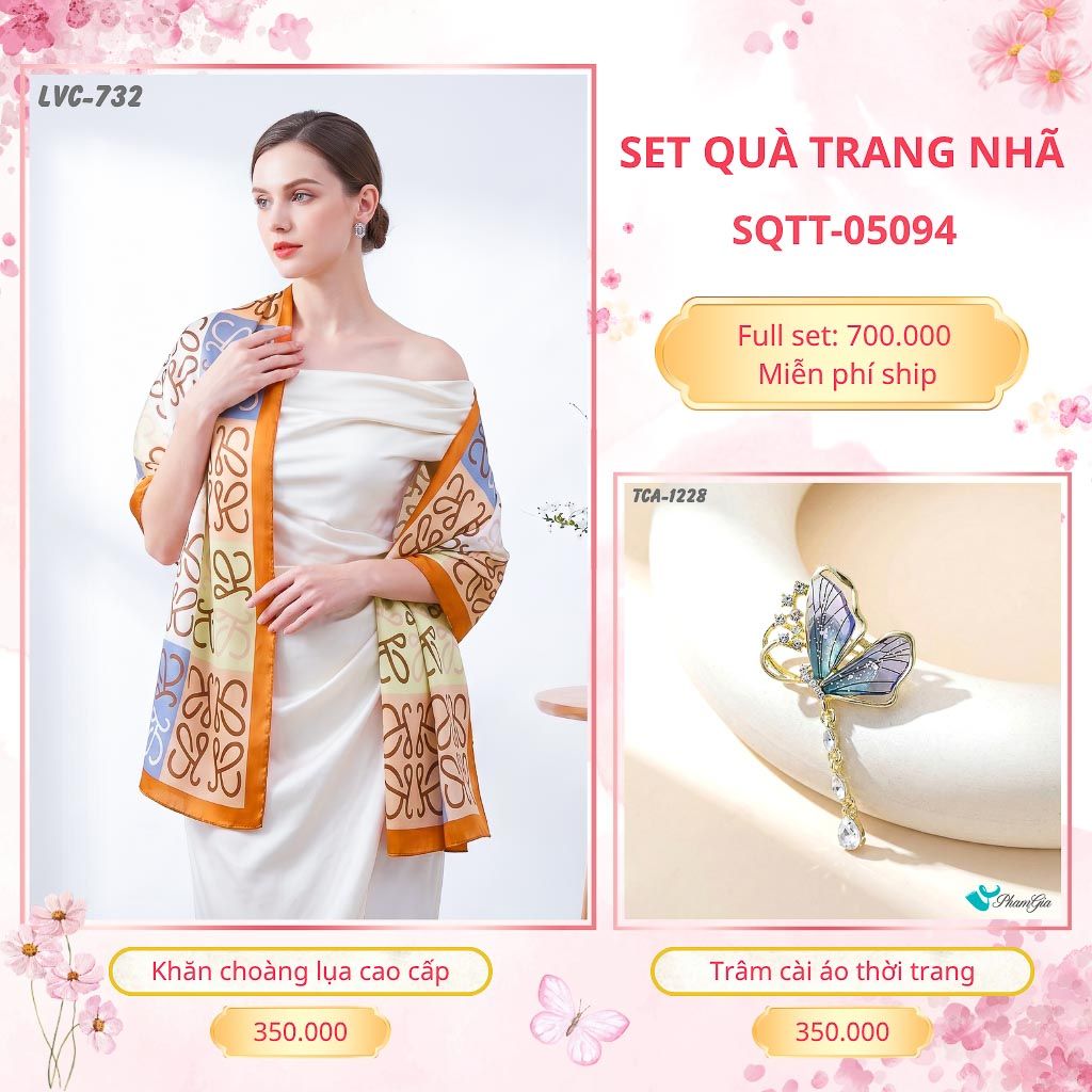 Set Quà Tặng Khăn Choàng Lụa 90*180cm Và Trâm Cài Áo Trang Nhã (SQTT05094)