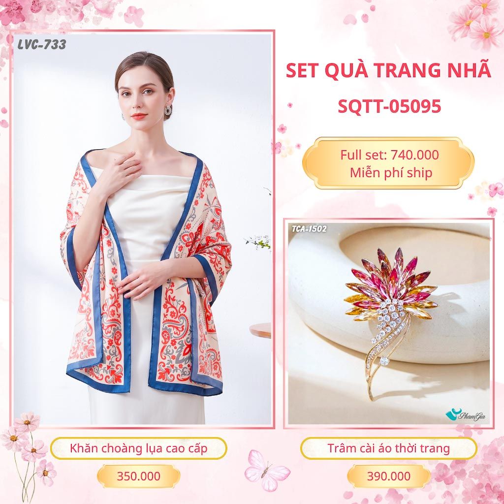 Set Quà Tặng Khăn Choàng Lụa 90*180cm Và Trâm Cài Áo Trang Nhã (SQTT05095)