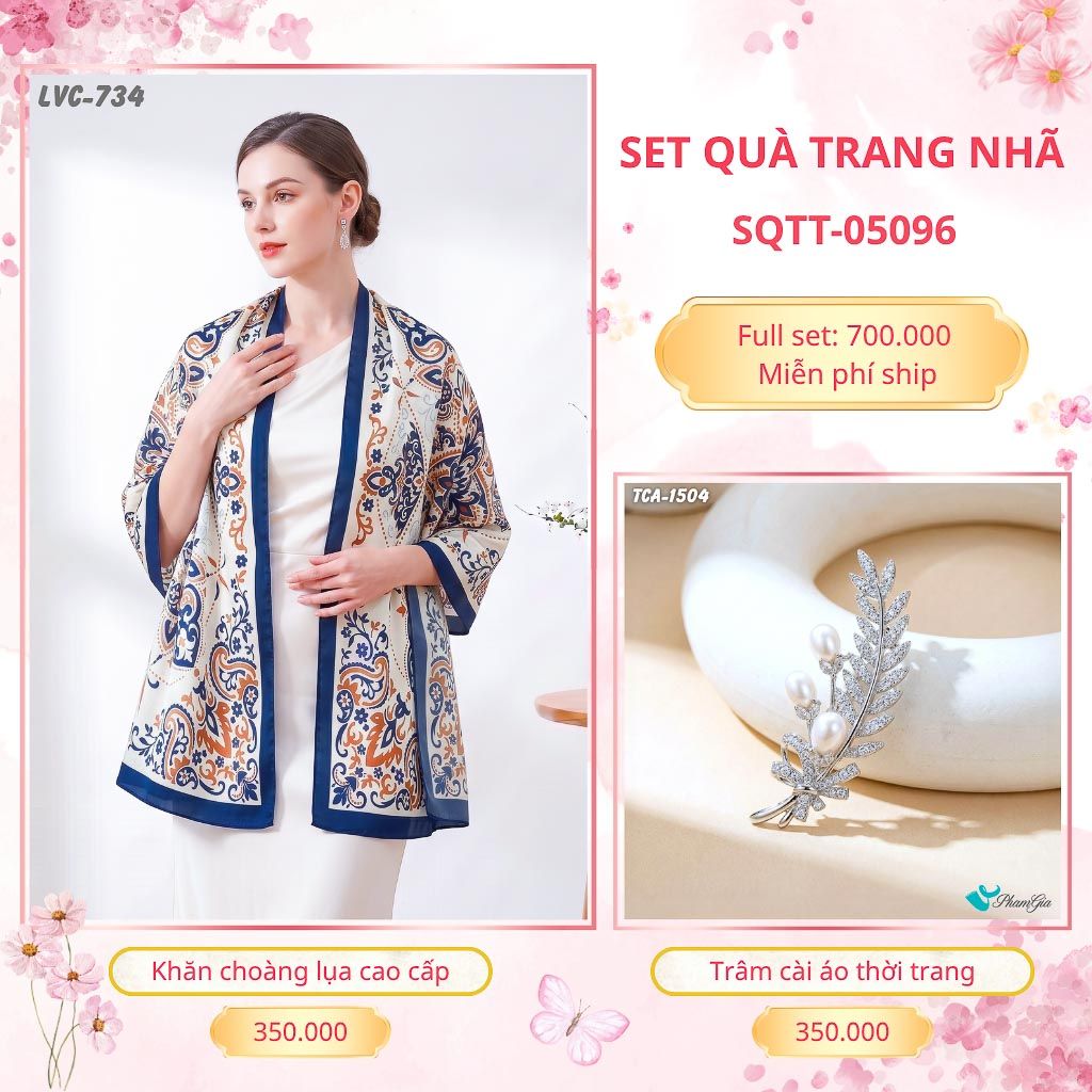 Set Quà Tặng Khăn Choàng Lụa 90*180cm Và Trâm Cài Áo Trang Nhã (SQTT05096)