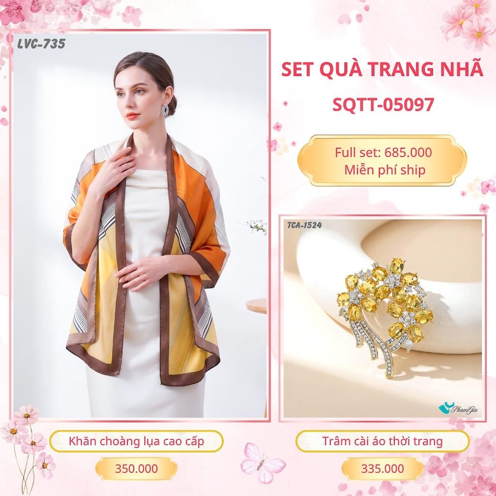 Set Quà Tặng Khăn Choàng Lụa 90*180cm Và Trâm Cài Áo Trang Nhã (SQTT05097)