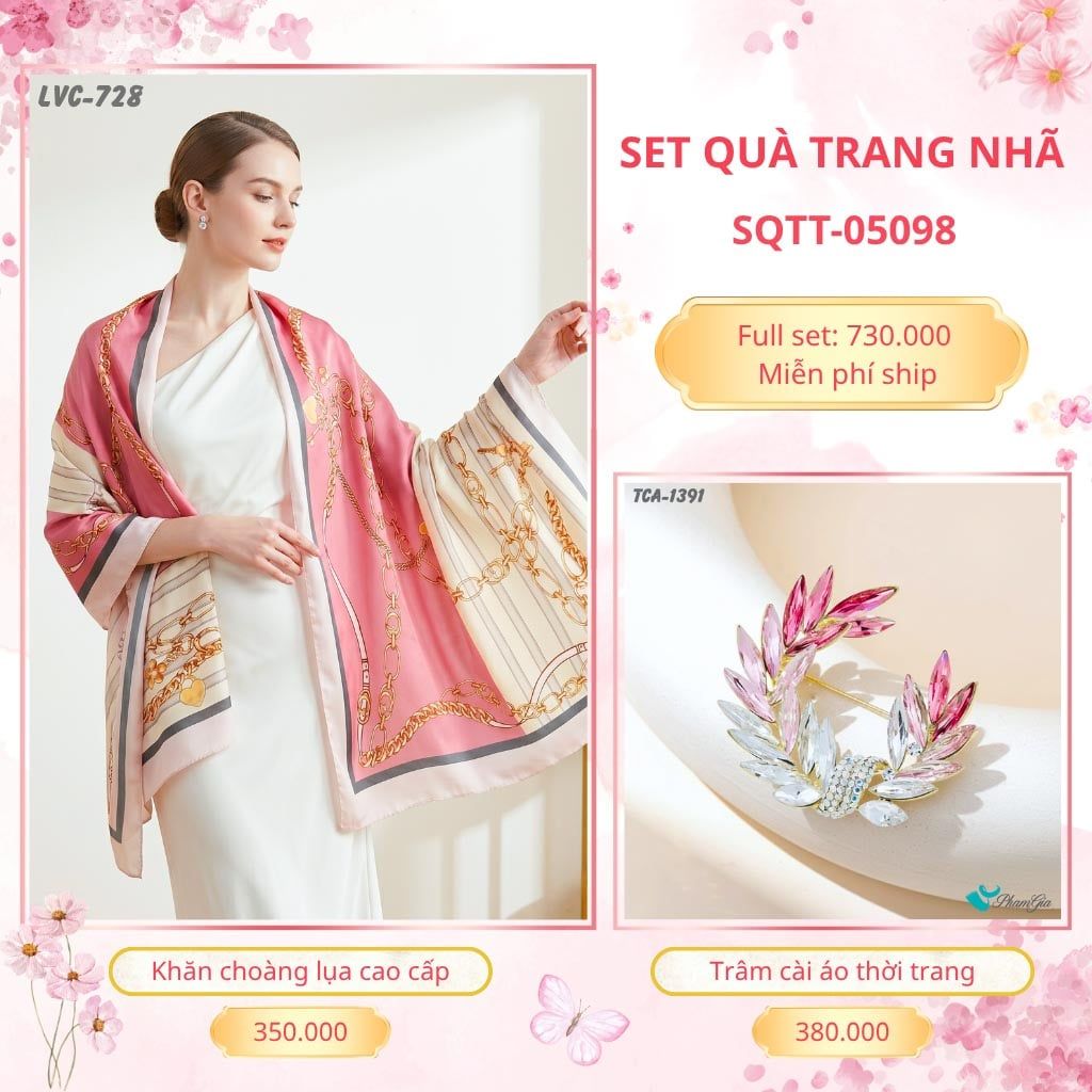 Set Quà Tặng Khăn Choàng Lụa 90*180cm Và Trâm Cài Áo Trang Nhã (SQTT05098)