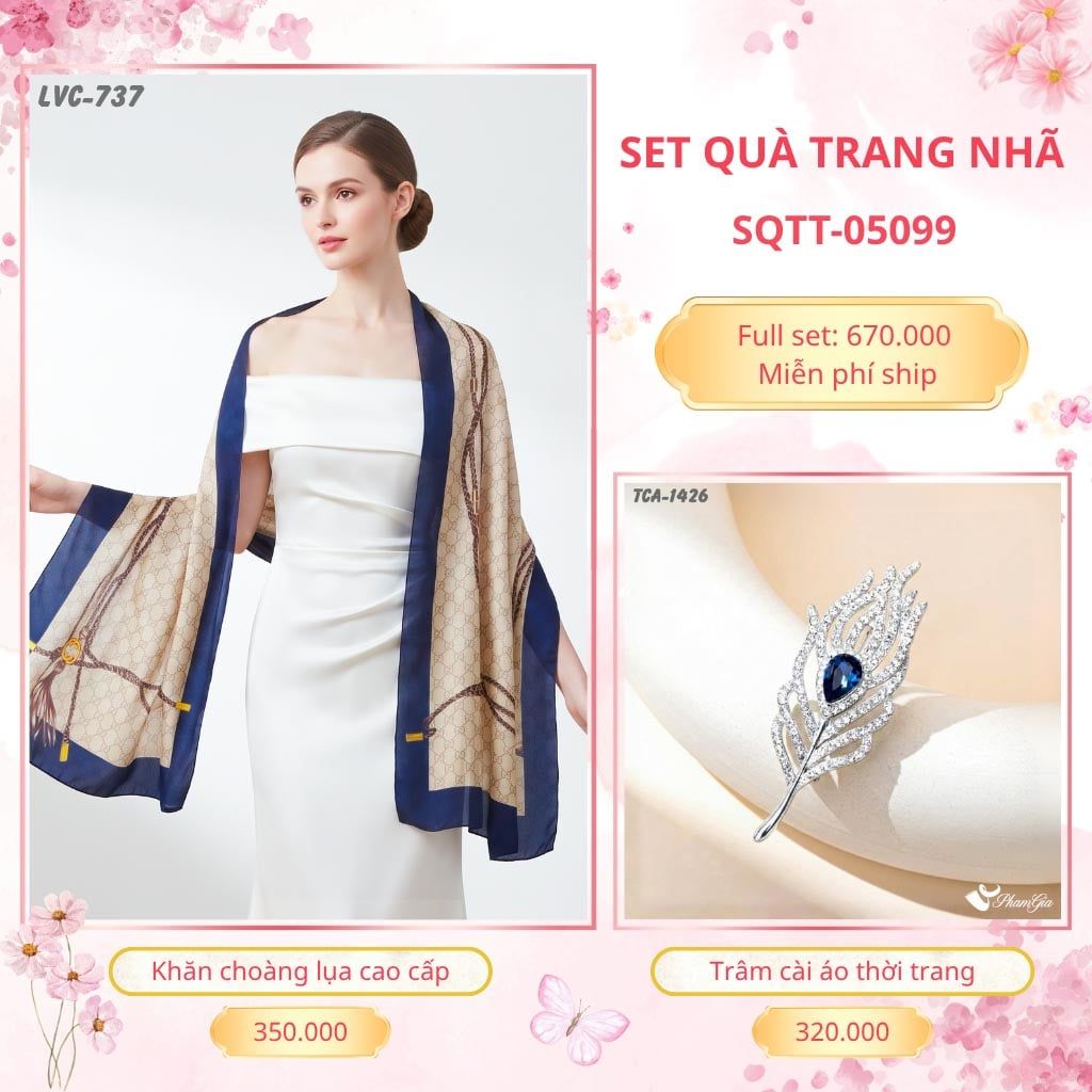 Set Quà Tặng Khăn Choàng Lụa 90*180cm Và Trâm Cài Áo Trang Nhã (SQTT05099)