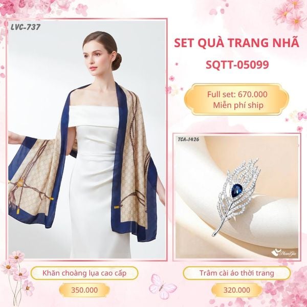 Set Quà Tặng Khăn Choàng Lụa 90*180cm Và Trâm Cài Áo Trang Nhã (SQTT05099)