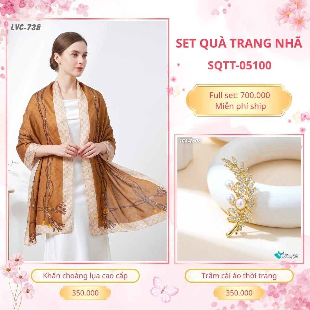 Set Quà Tặng Khăn Choàng Lụa 90*180cm Và Trâm Cài Áo Trang Nhã (SQTT05100)