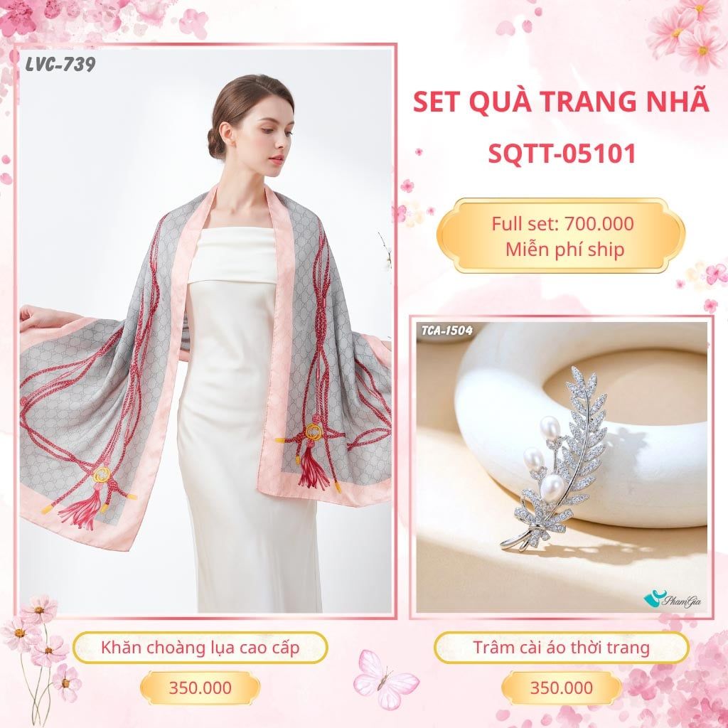 Set Quà Tặng Khăn Choàng Lụa 90*180cm Và Trâm Cài Áo Trang Nhã (SQTT05101)