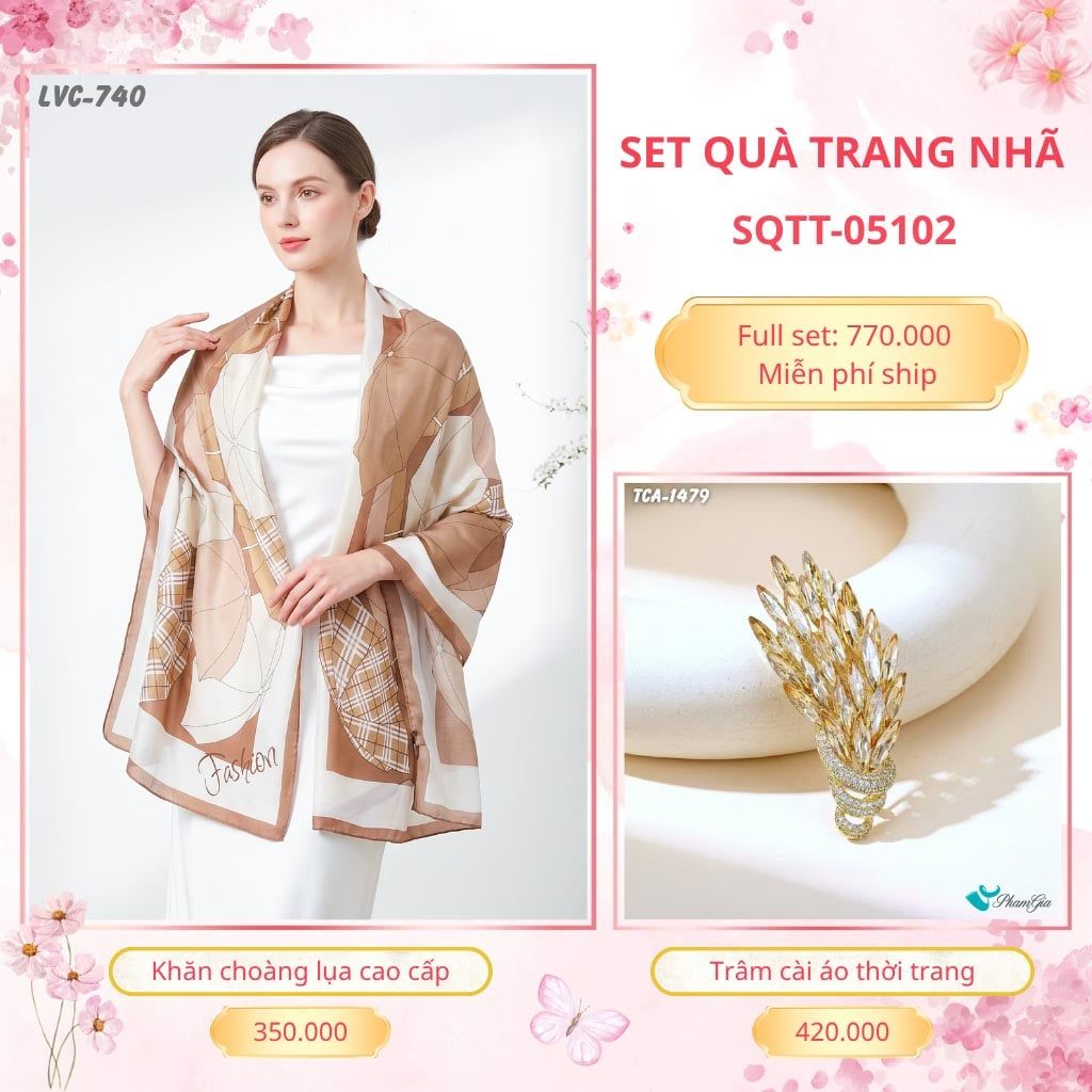 Set Quà Tặng Khăn Choàng Lụa 90*180cm Và Trâm Cài Áo Trang Nhã (SQTT05102)