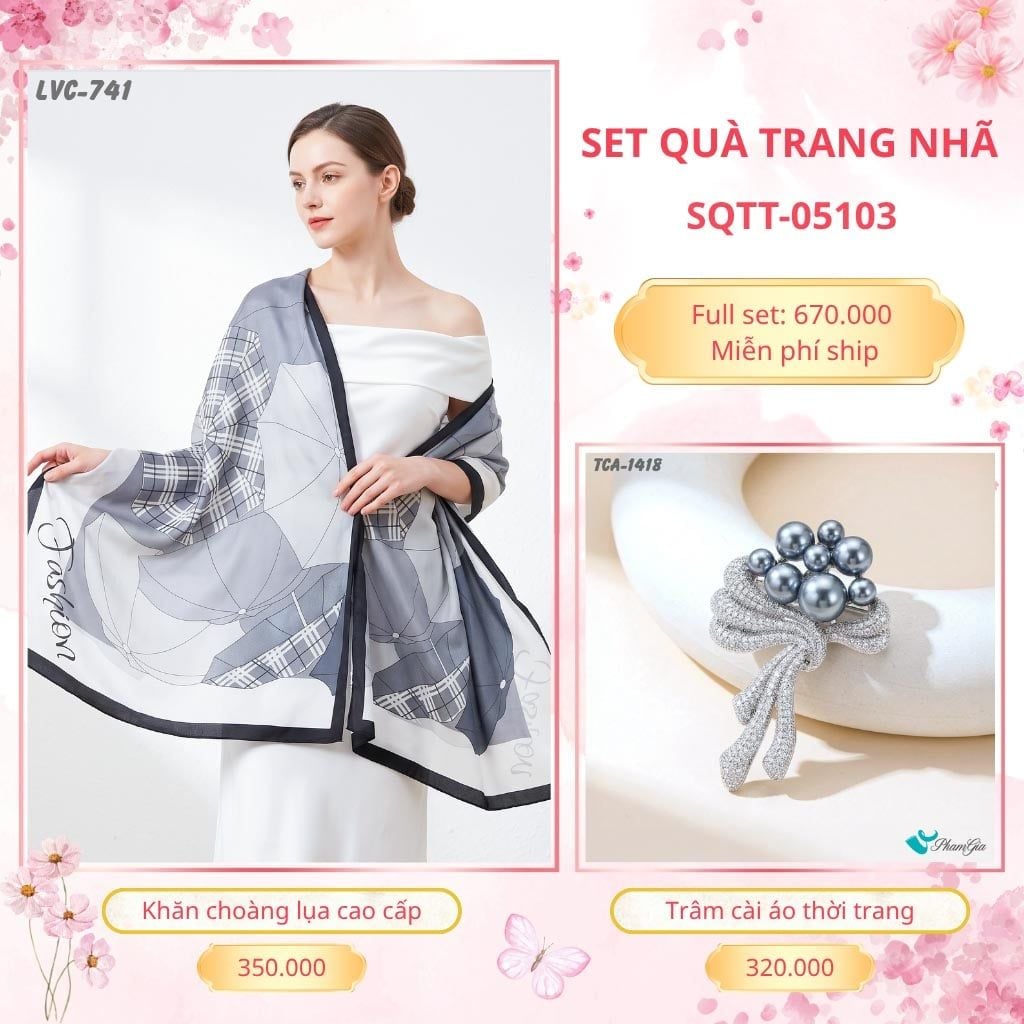 Set Quà Tặng Khăn Choàng Lụa 90*180cm Và Trâm Cài Áo Trang Nhã (SQTT05103)