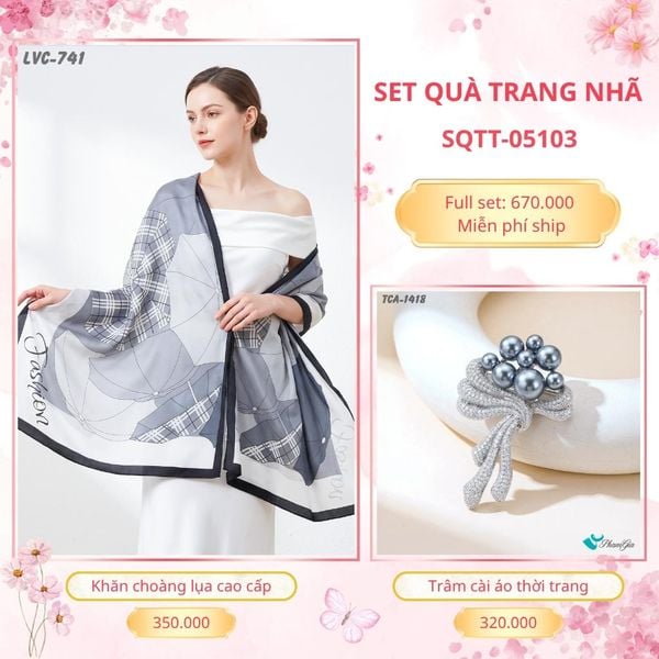 Set Quà Tặng Khăn Choàng Lụa 90*180cm Và Trâm Cài Áo Trang Nhã (SQTT05103)